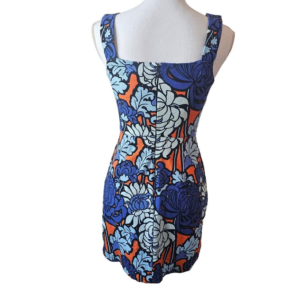 Topshop Retro Floral Square Neck Mini Dress Size 4 Blue Orange - Picture 4 of 6